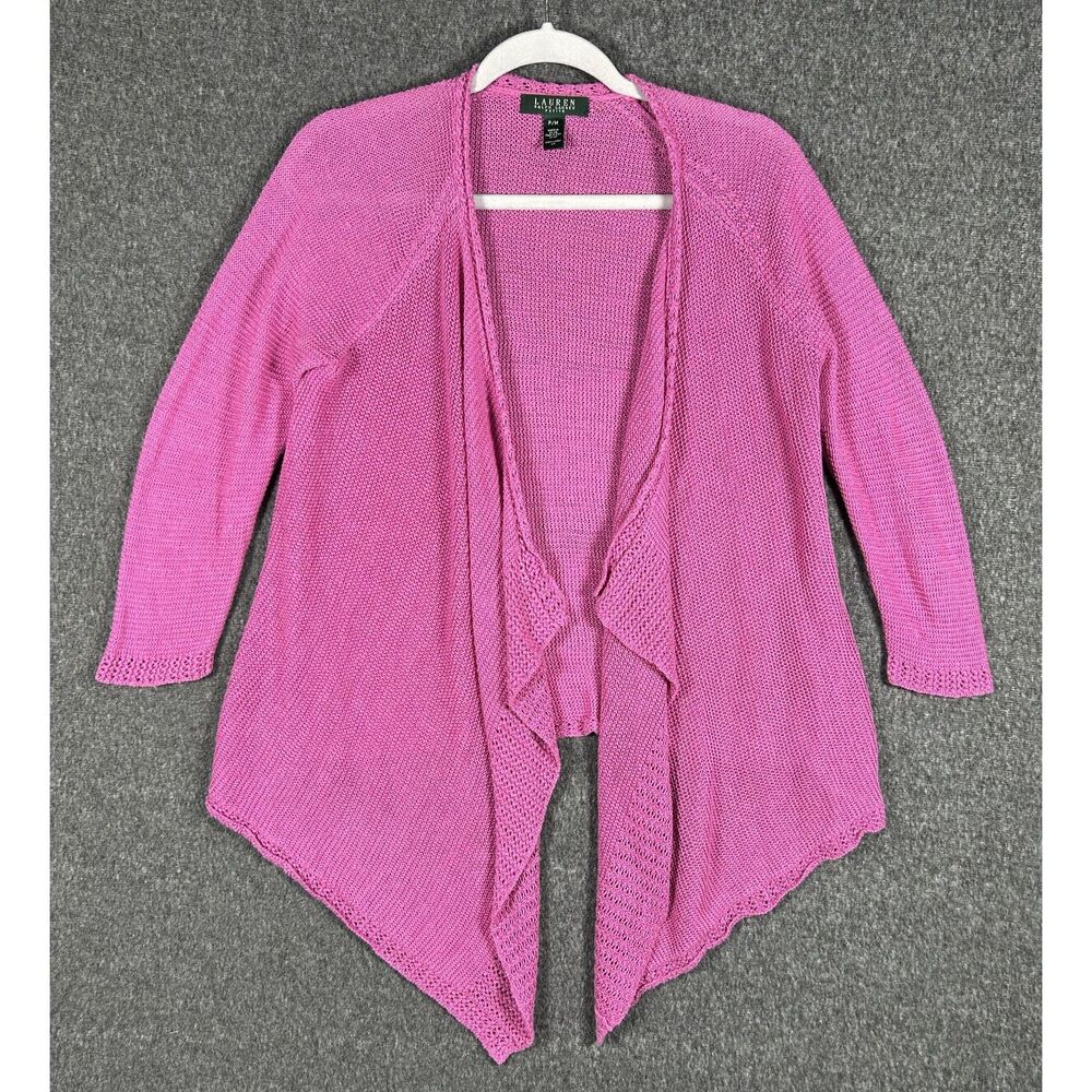 Lauren Ralph Lauren Petite Pink 100% Linen Draped Open Front Cardigan P/M